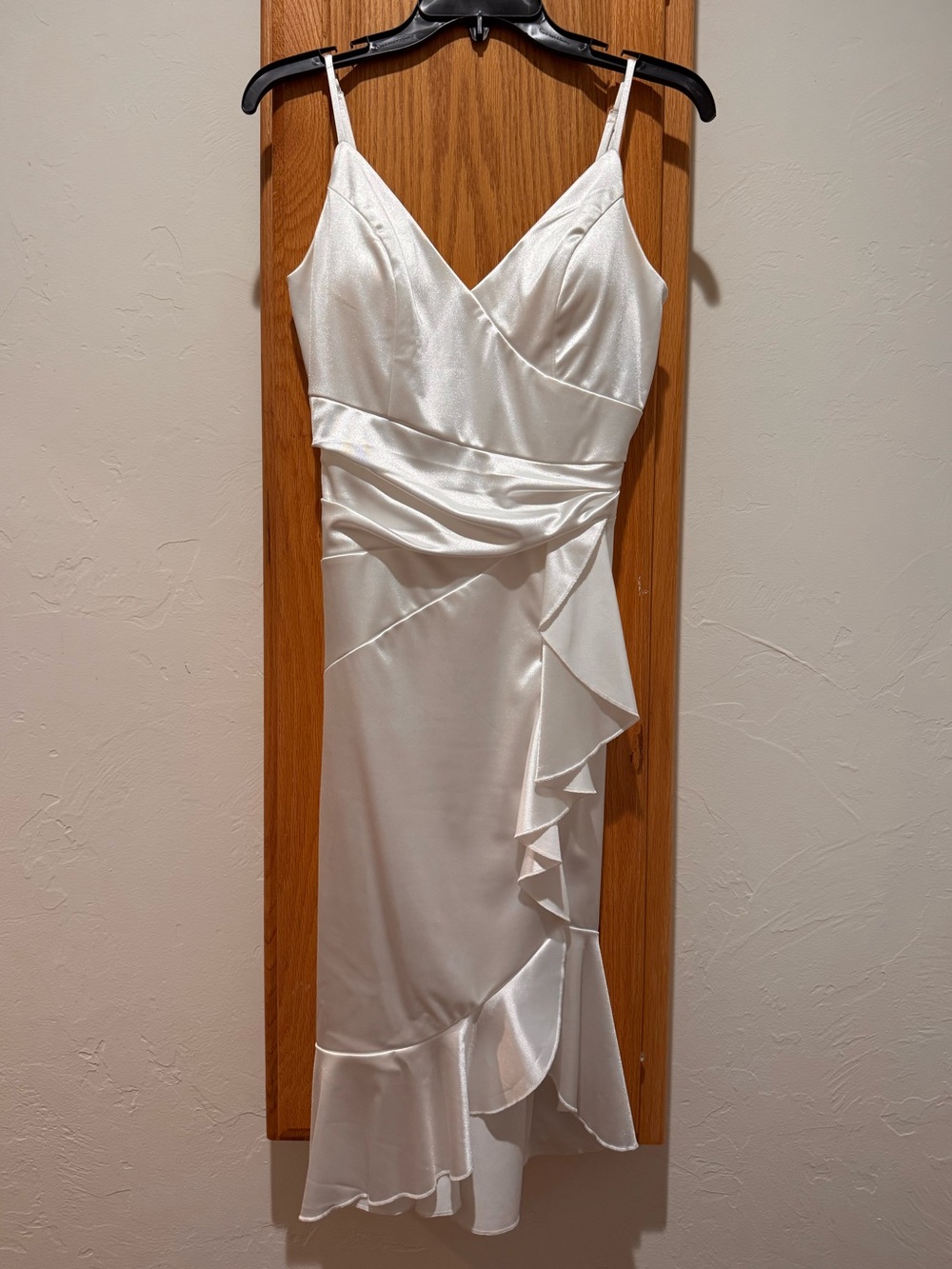Honey and Rosie White Satin Ruffle Midi Cocktail Dress